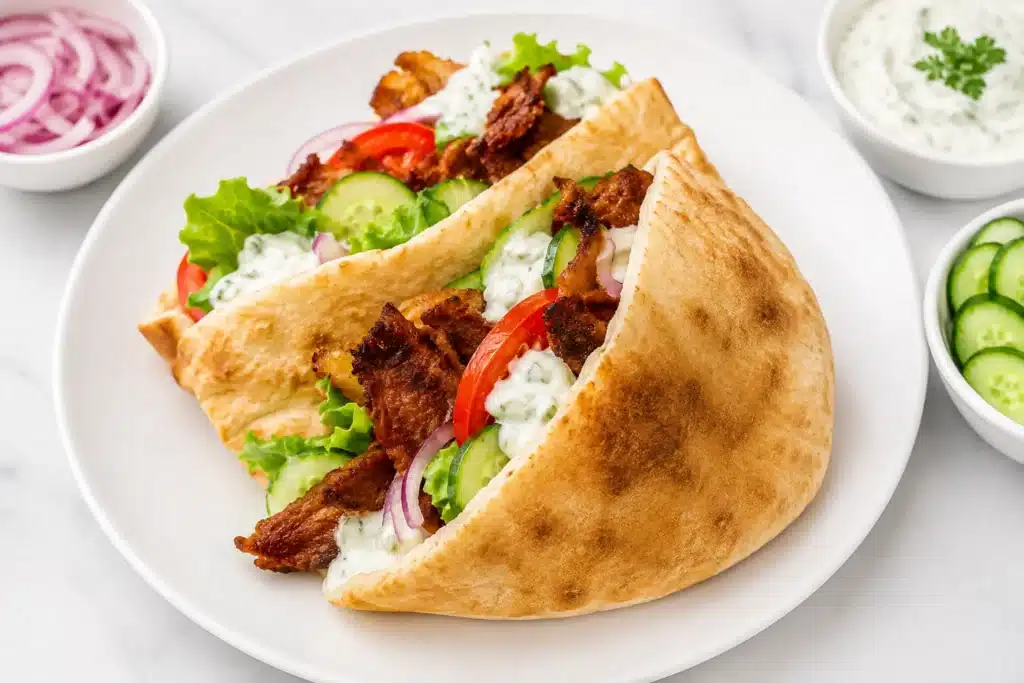Viral Homemade Doner Kebab served in warm pita bread on a white plate with seasoned meat, fresh lettuce, cucumber, tomatoes, red onion, and creamy yogurt sauce.