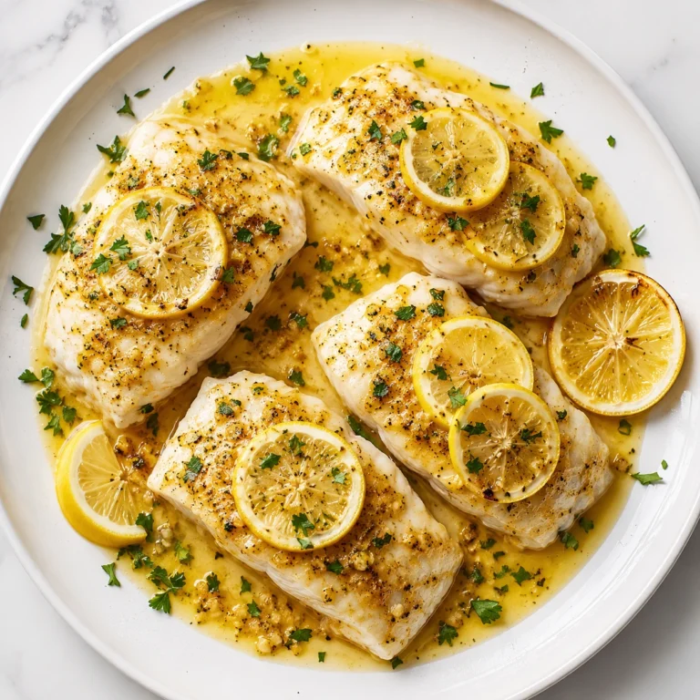 20-Minute Lemon Garlic Cod served on a white plate with tender cod fillets, fresh lemon slices, garlic butter sauce, and parsley garnish.