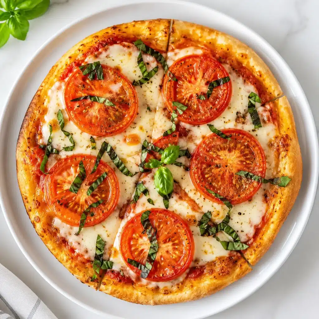 Air Fryer Margherita Pizza recipe topped with fresh mozzarella, ripe tomato slices, basil, and crispy golden crust served on a white round plate.