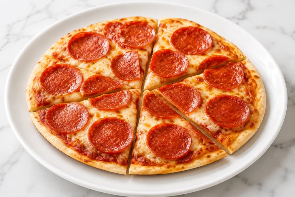 Air Fryer Pepperoni Pizza served on a white round plate with crispy crust, melted mozzarella cheese, and pepperoni slices, sliced and ready to enjoy.