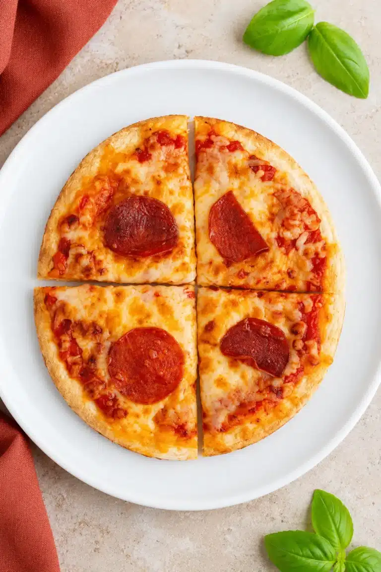 Air Fryer Tortilla Pizza Recipe with crispy tortilla crust, melted mozzarella cheese, pepperoni, and pizza sauce served on a white round plate.