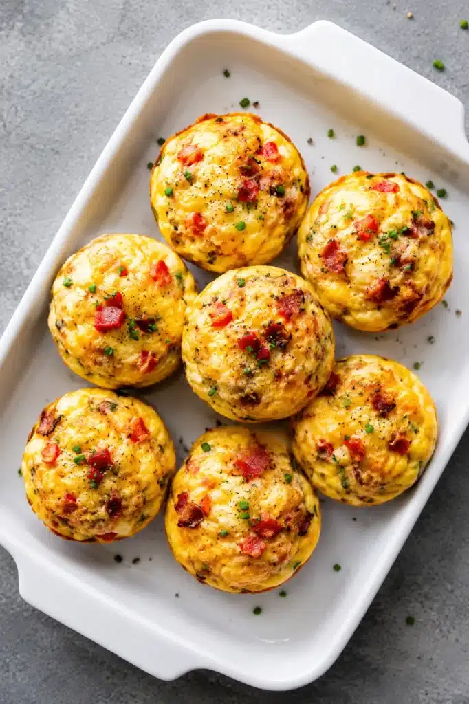 Golden Bacon Cheddar Egg Cups topped with crispy bacon, melted cheddar cheese, and fresh chives, served in a white baking dish for a high-protein breakfast.