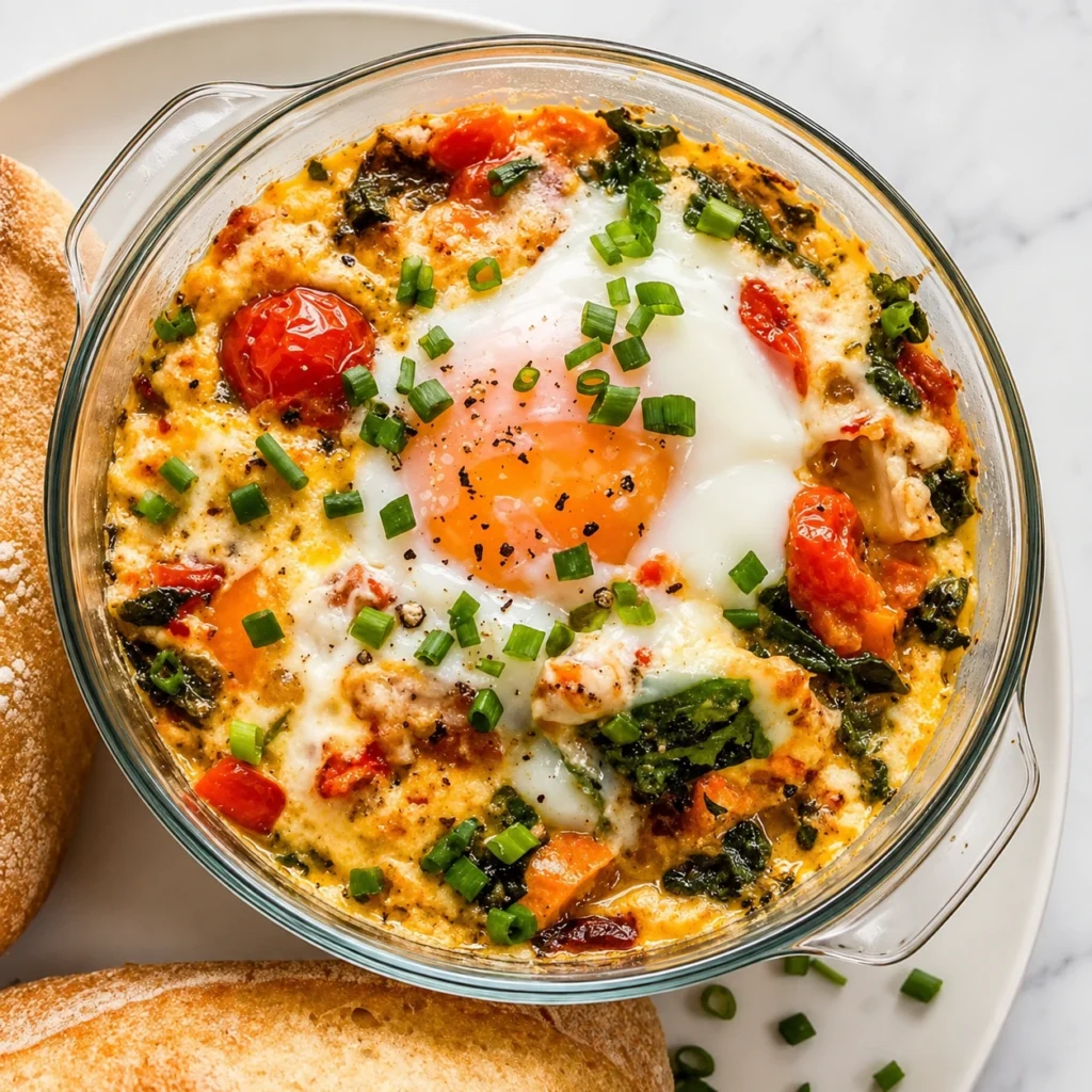 Baked Feta Eggs served in a baking dish with creamy feta, jammy eggs, roasted cherry tomatoes, spinach, fresh chives, and toasted bread.