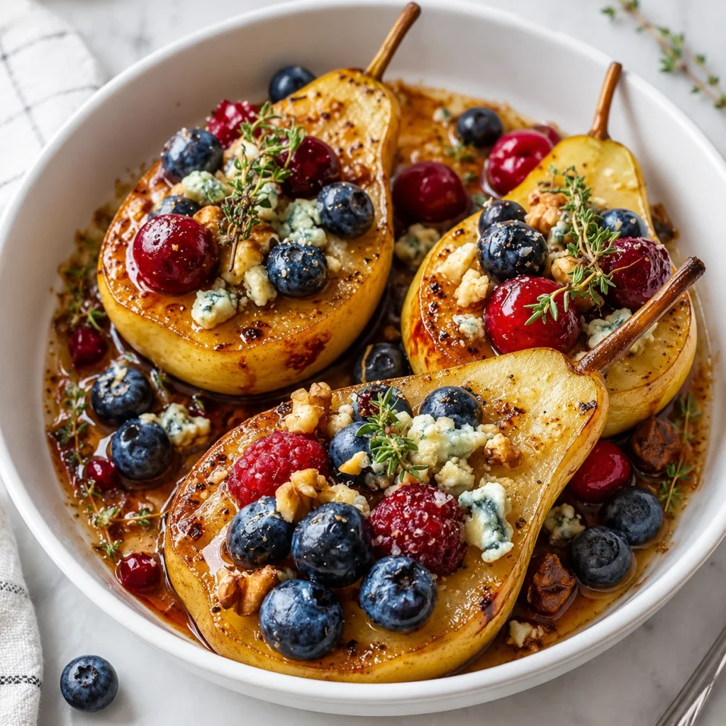 Baked Pears with Berries served in a white round dish, topped with fresh blueberries, raspberries, walnuts, and a sweet glaze.