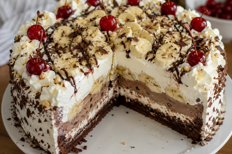 Banana Split Torte topped with fresh banana slices, cherries, whipped cream, and chocolate shavings on a white serving plate, revealing creamy layered filling and chocolate crust.