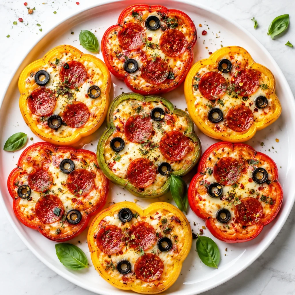 Bell Pepper Pizza made with colorful bell pepper rings, melted mozzarella, pepperoni, black olives, and Italian herbs served on a white round plate.