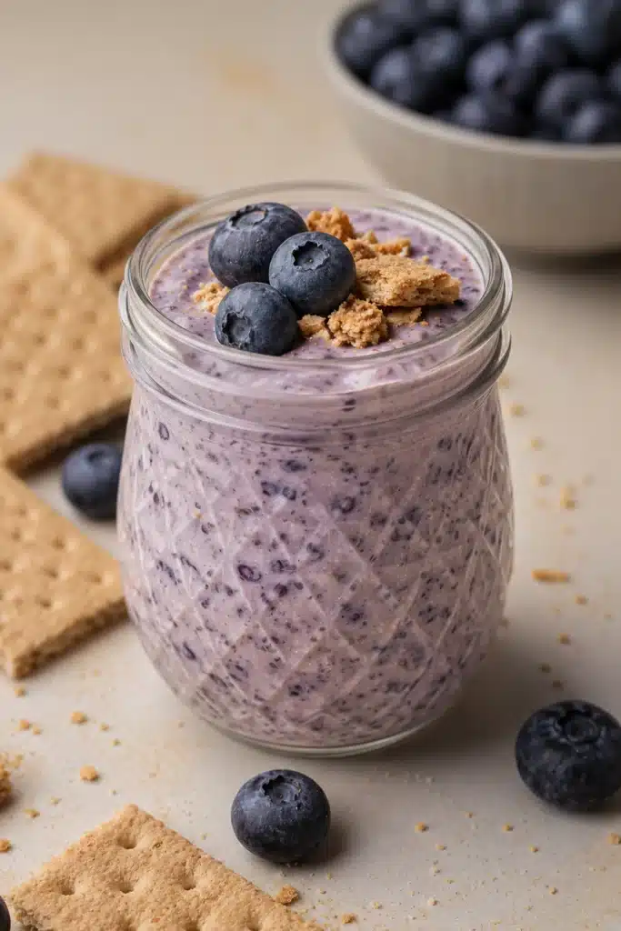 Blueberry Cheesecake Overnight Oats served in a decorative glass jar, topped with fresh blueberries and graham cracker crumbs for a healthy high-protein breakfast.