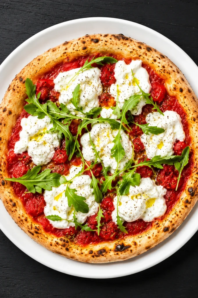 Burrata Pizza served on a white round plate with creamy burrata cheese, roasted tomatoes, fresh arugula, olive oil, and a crispy Neapolitan-style crust.