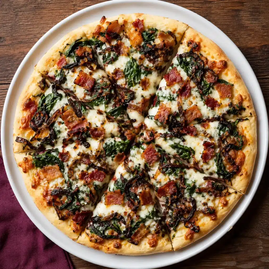 Homemade Caramelized Onion Pizza topped with sweet caramelized onions, melted mozzarella cheese, crispy bacon, and fresh spinach on a white serving plate.
