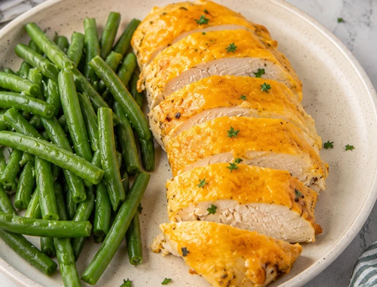 Cheesy Ranch Chicken Bake served on a beige plate with tender sliced chicken breast topped with melted cheddar cheese and fresh green beans.