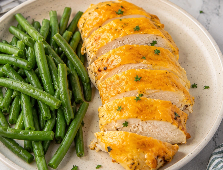 Cheesy Ranch Chicken Bake served on a beige plate with tender sliced chicken breast topped with melted cheddar cheese and fresh green beans.