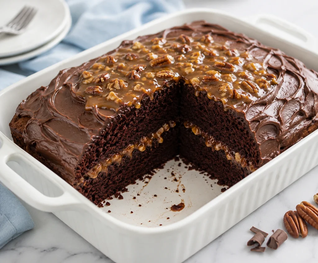 Chocolate Caramel Pecan Cake Recipe topped with rich chocolate frosting, gooey caramel pecan topping, and served in a white ceramic baking dish.