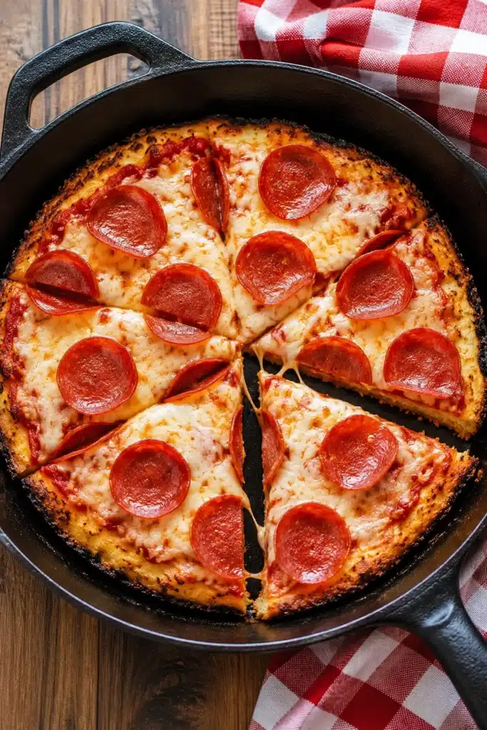 Coconut Flour Pizza baked in a cast iron skillet with melted mozzarella, crispy pepperoni, and a golden gluten-free low-carb crust.