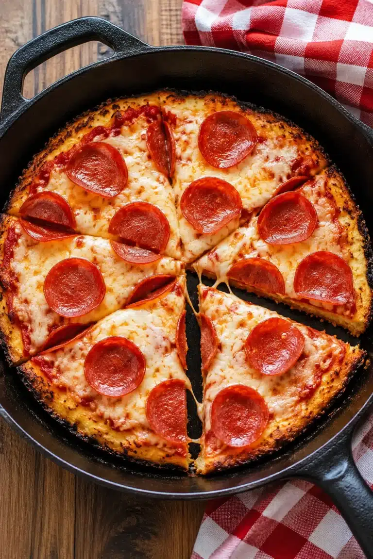 Coconut Flour Pizza baked in a cast iron skillet with melted mozzarella, crispy pepperoni, and a golden gluten-free low-carb crust.