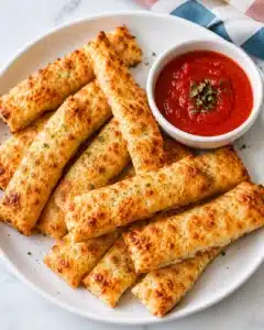 Golden Cottage Cheese Breadsticks served on a white round plate with marinara dipping sauce. These crispy, cheesy, high-protein breadsticks make an easy and healthy snack or side dish.