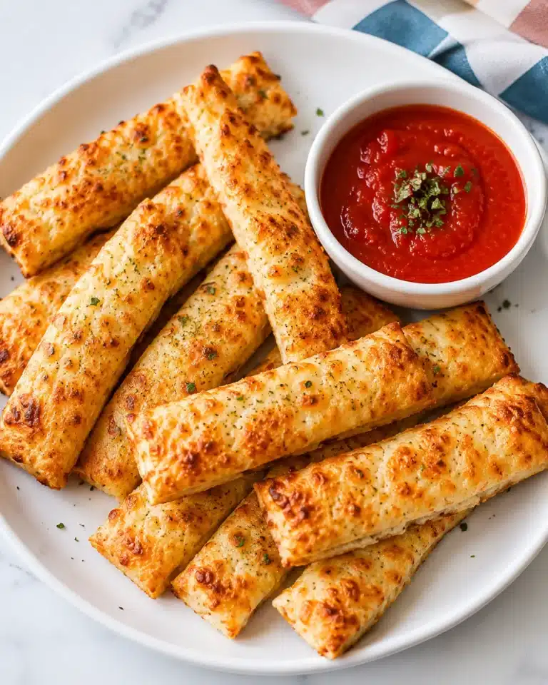 Golden Cottage Cheese Breadsticks served on a white round plate with marinara dipping sauce. These crispy, cheesy, high-protein breadsticks make an easy and healthy snack or side dish.