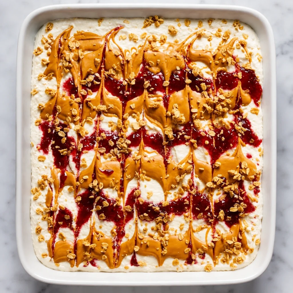 Cottage Cheese Breakfast Bark spread in a white baking dish and topped with peanut butter swirls, berry sauce, and crunchy granola for a high-protein frozen breakfast.