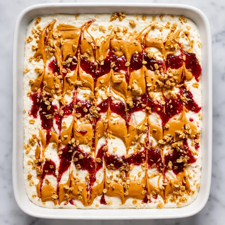 Cottage Cheese Breakfast Bark spread in a white baking dish and topped with peanut butter swirls, berry sauce, and crunchy granola for a high-protein frozen breakfast.
