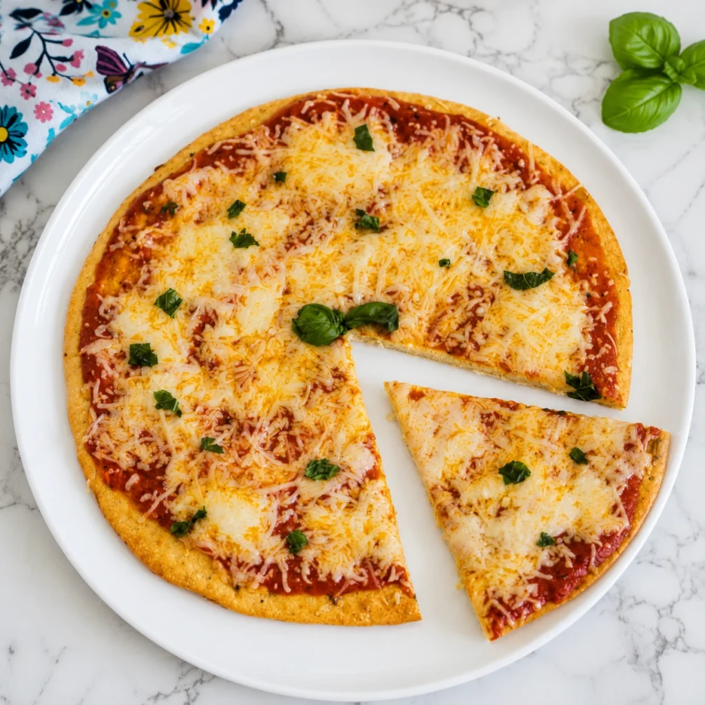 Cottage Cheese Breakfast Pizza on a white round plate topped with melted cheese, tomato sauce, and fresh basil, featuring a high-protein homemade crust.