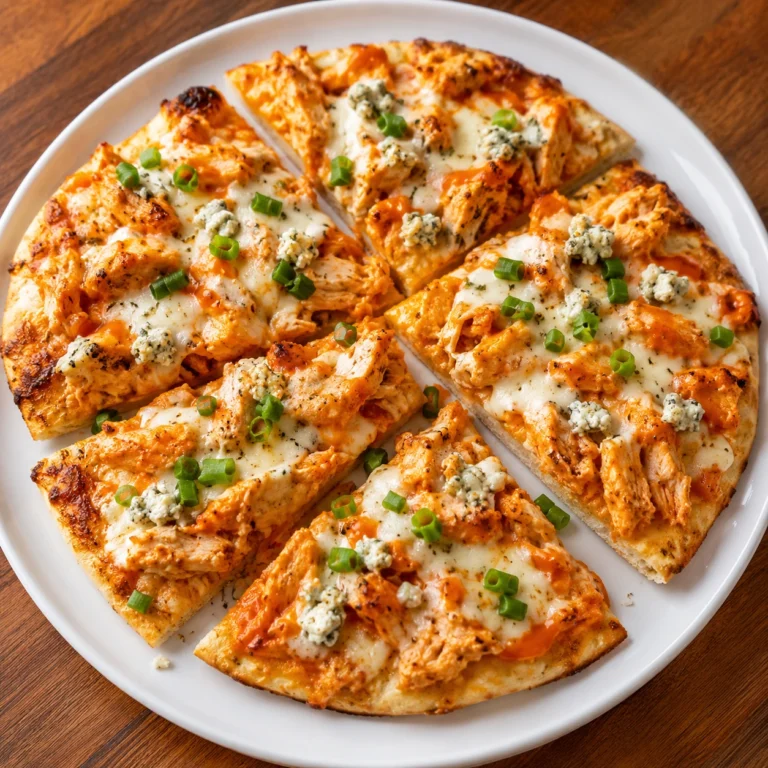 Cottage Cheese Buffalo Chicken Flatbread served on a white round plate, topped with buffalo chicken, melted mozzarella cheese, blue cheese crumbles, and fresh green onions.
