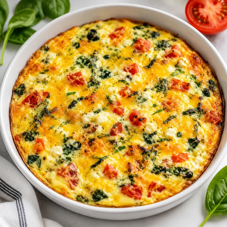 Cottage Cheese Egg Bake baked in a white round casserole dish with melted cheese, spinach, and tomatoes, perfect for a high-protein healthy breakfast.