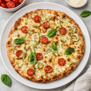 Cottage Cheese Mediterranean Pizza served on a white round plate, topped with cherry tomatoes, zucchini ribbons, basil leaves, melted cheese, and a crispy golden crust.