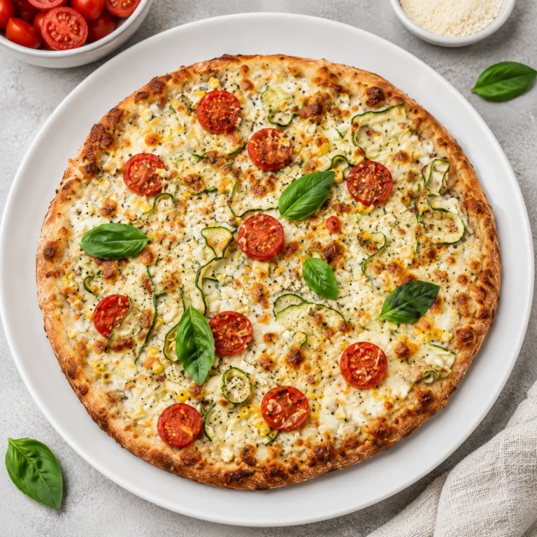 Cottage Cheese Mediterranean Pizza served on a white round plate, topped with cherry tomatoes, zucchini ribbons, basil leaves, melted cheese, and a crispy golden crust.