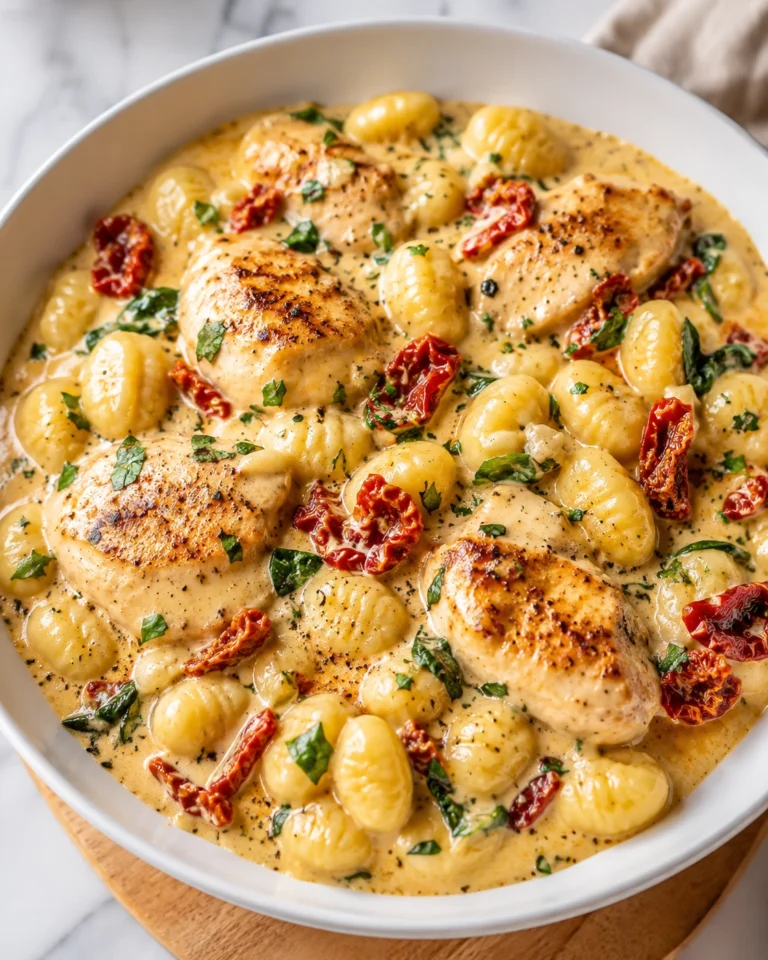 Creamy Chicken Gnocchi Skillet Recipe served in a white bowl with juicy pan-seared chicken, pillowy gnocchi, sun-dried tomatoes, and a rich creamy garlic Parmesan sauce.