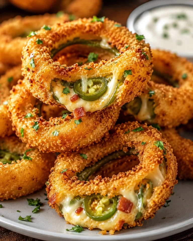 Crispy Jalapeño Popper Stuffed Onion Rings filled with melted cheese, jalapeño slices, and savory bacon, coated in a golden crunchy breadcrumb crust and served on a plate.