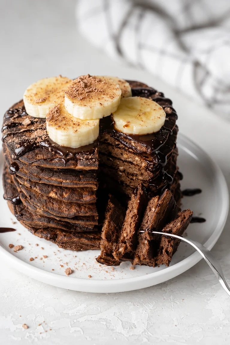 Double Chocolate Protein Waffles stacked high on a white round plate, topped with banana slices and rich chocolate drizzle, creating a high-protein chocolate breakfast.