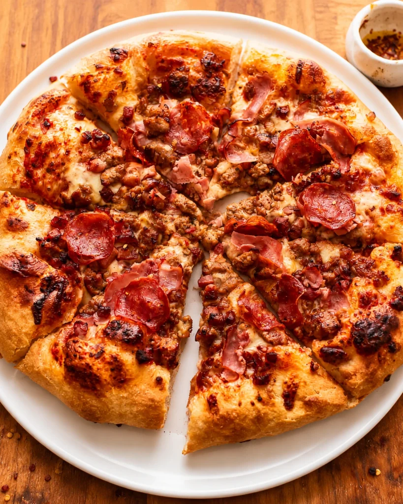 Easy Meat Lovers Pizza Recipe topped with pepperoni, sausage, bacon, ham, and melted mozzarella on a crispy golden crust served on a white round plate.