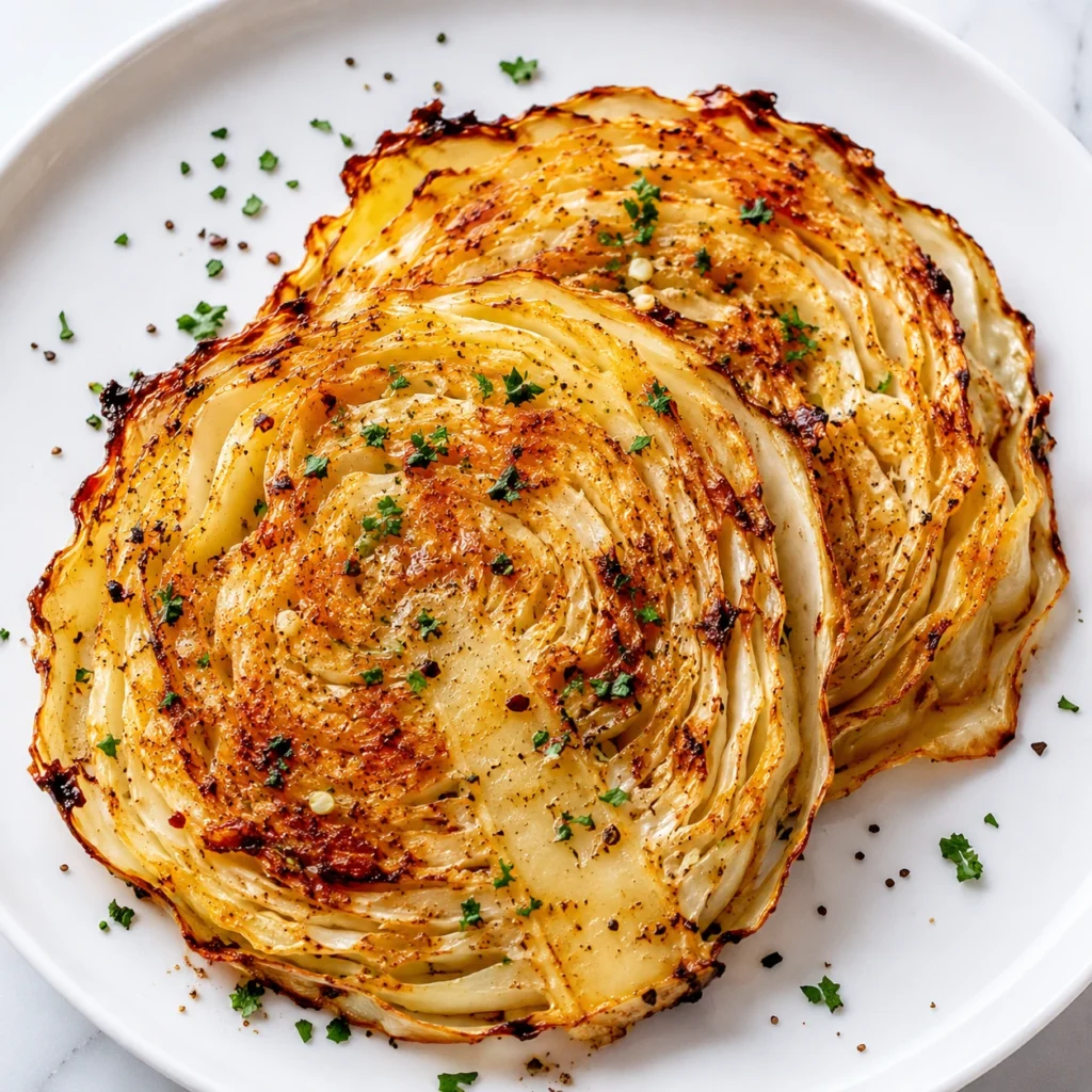 Easy Roasted Cabbage Steaks served on a white plate with crispy caramelized edges, tender roasted cabbage layers, fresh parsley, and seasonings.