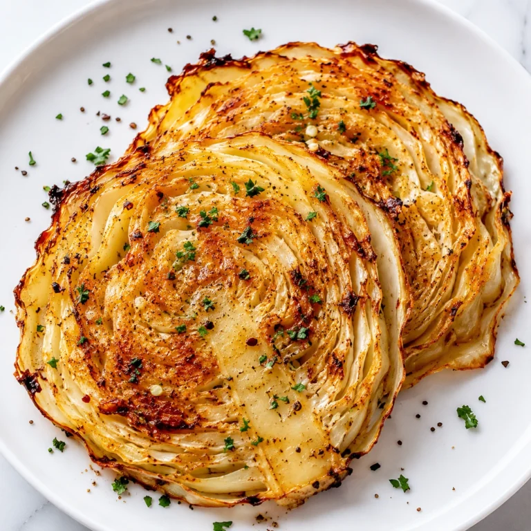 Easy Roasted Cabbage Steaks served on a white plate with crispy caramelized edges, tender roasted cabbage layers, fresh parsley, and seasonings.