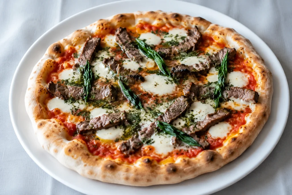 Garlic Butter Steak Pizza served on a white round plate with juicy steak slices, melted mozzarella, garlic butter, fresh basil, and a crispy golden crust.