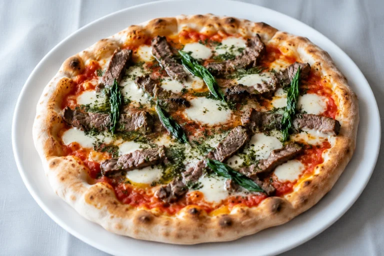 Garlic Butter Steak Pizza served on a white round plate with juicy steak slices, melted mozzarella, garlic butter, fresh basil, and a crispy golden crust.