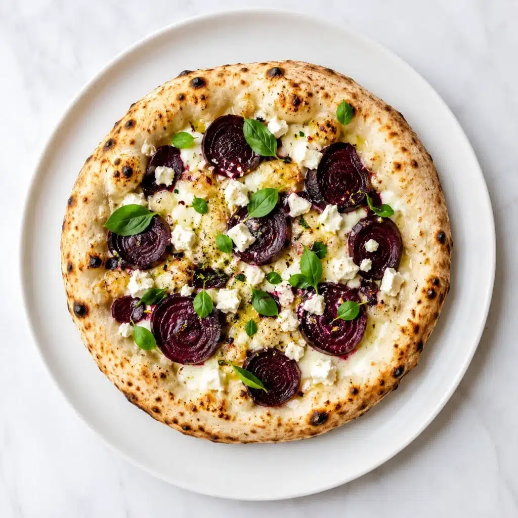 Goat Cheese & Beet Pizza topped with roasted beet slices, creamy goat cheese, fresh basil, and a crispy golden crust served on a white plate.