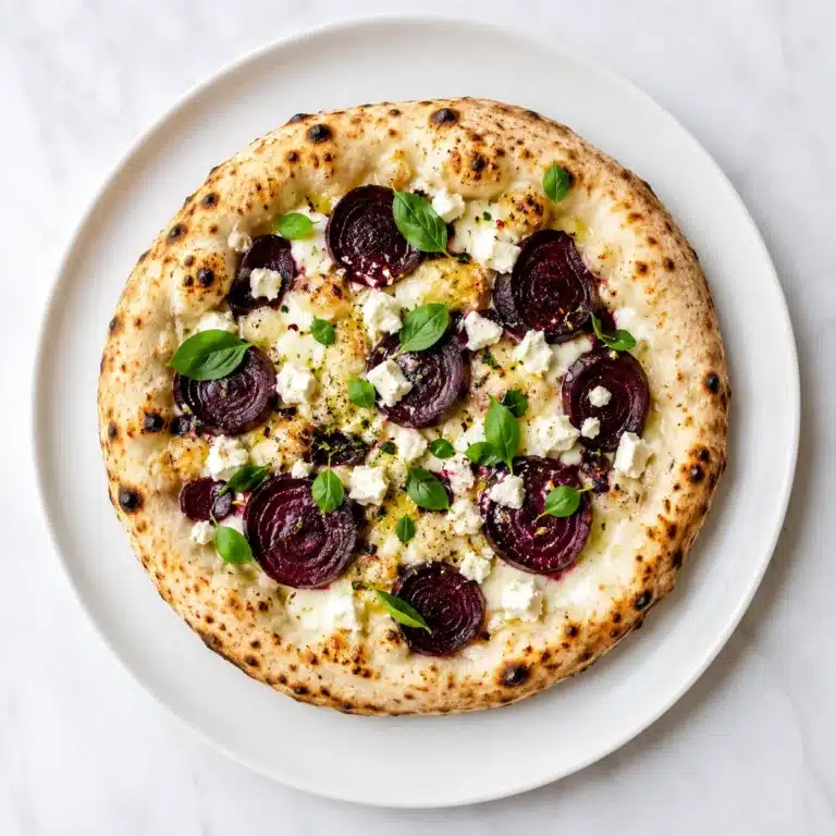 Goat Cheese & Beet Pizza topped with roasted beet slices, creamy goat cheese, fresh basil, and a crispy golden crust served on a white plate.