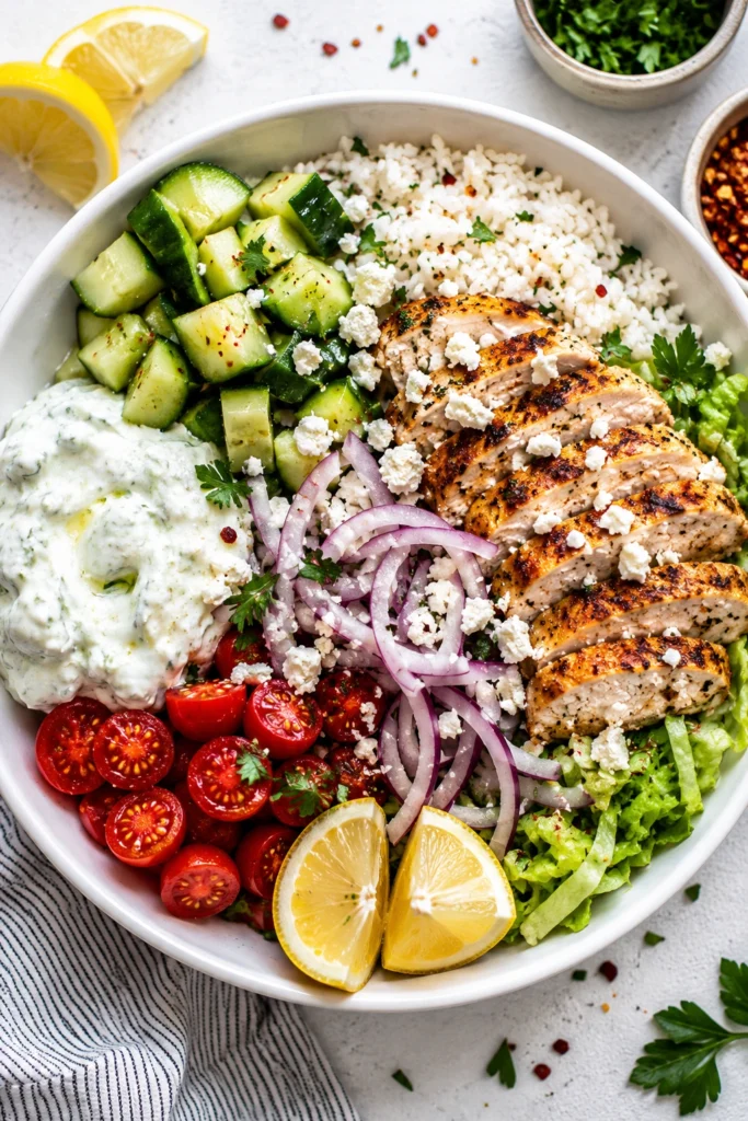 Greek Chicken Meal Prep Bowls with grilled chicken, fluffy rice, cucumber, cherry tomatoes, red onion, crisp lettuce, feta cheese, and creamy tzatziki in a healthy Mediterranean meal prep bowl.