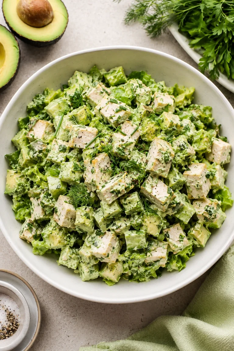 Green Goddess Chicken Salad served in a white ceramic bowl with creamy herb dressing, avocado, grilled chicken, and fresh herbs for a healthy high-protein meal.