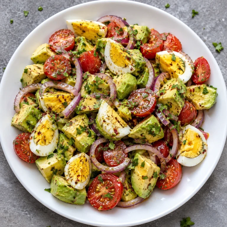 Healthy Avocado Egg Tomato Salad served in a white bowl with creamy avocado chunks, hard-boiled eggs, cherry tomatoes, red onion, fresh herbs, and a light seasoning.