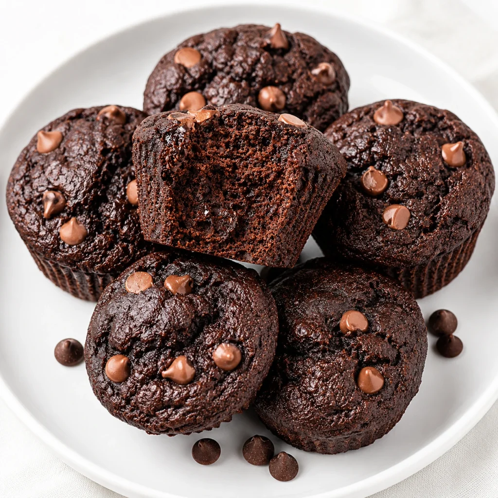 Healthy Greek Yogurt Chocolate Protein Muffins served on a white plate, topped with chocolate chips and showing a moist, rich chocolate center.