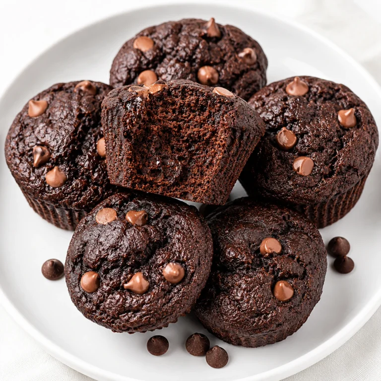 Healthy Greek Yogurt Chocolate Protein Muffins served on a white plate, topped with chocolate chips and showing a moist, rich chocolate center.