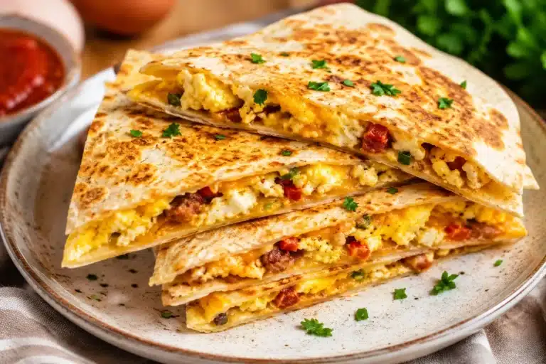 High Protein Breakfast Quesadilla cut into crispy triangles and filled with fluffy scrambled eggs, melted cheddar cheese, and savory sausage, served on a rustic ceramic plate.