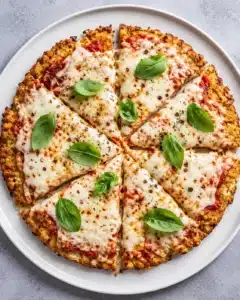 High Protein Chicken Crust Pizza topped with melted mozzarella, tomato sauce, and fresh basil on a white round plate, sliced and ready to serve.