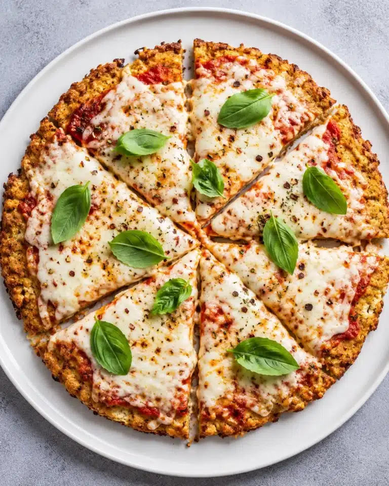 High Protein Chicken Crust Pizza topped with melted mozzarella, tomato sauce, and fresh basil on a white round plate, sliced and ready to serve.