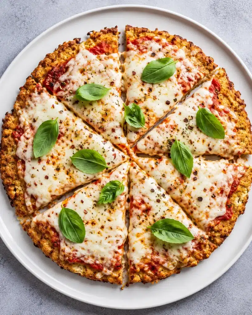 High Protein Chicken Crust Pizza topped with melted mozzarella, tomato sauce, and fresh basil on a white round plate, sliced and ready to serve.