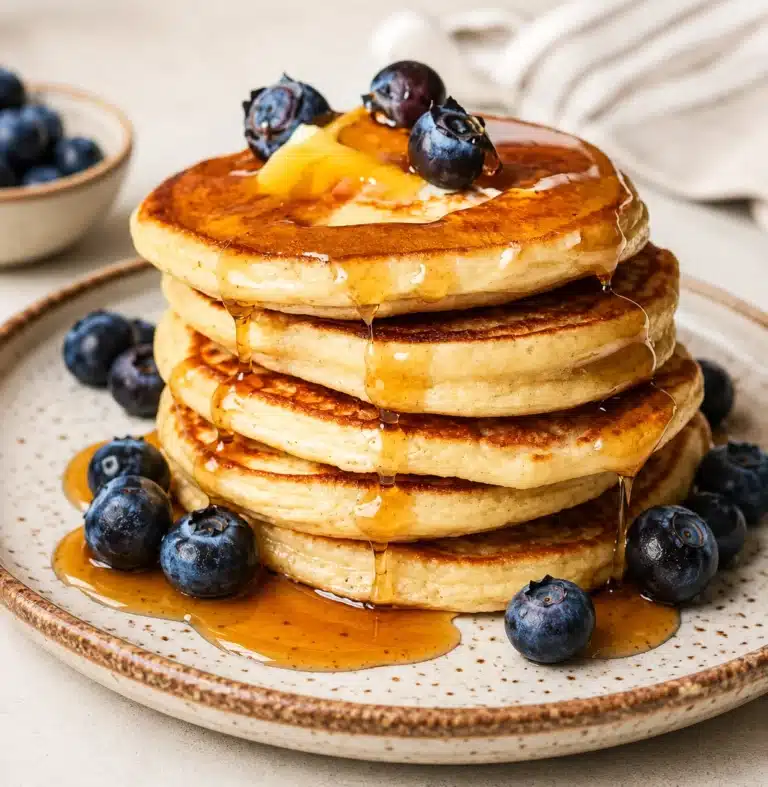 Stack of fluffy High Protein Cottage Cheese Pancakes served on a rustic ceramic plate with fresh blueberries, melted butter, and maple syrup for a healthy breakfast.