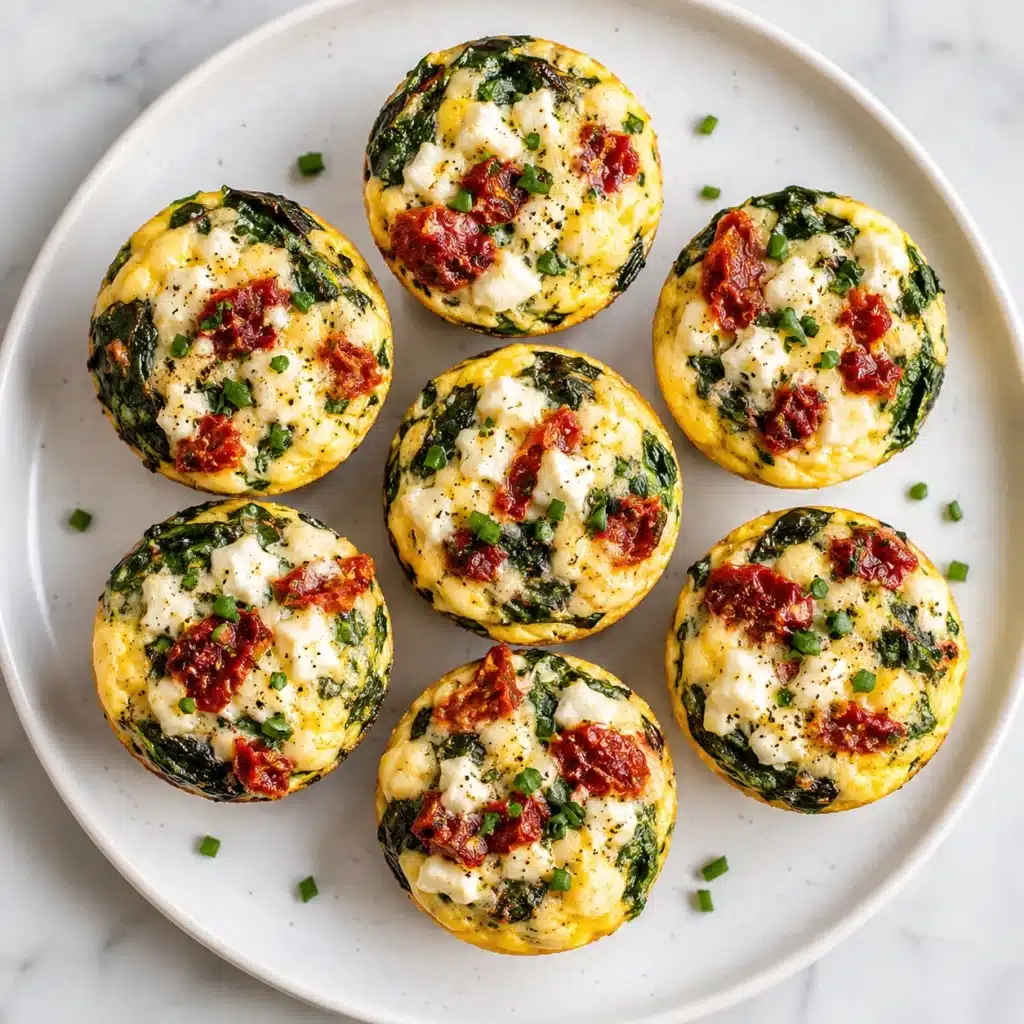 High Protein Egg Bites with Spinach and Cheese topped with feta and sun-dried tomatoes, served on a white round plate for a healthy, protein-packed breakfast.