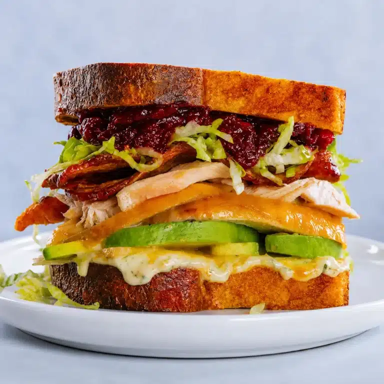 High Protein Turkey Avocado Melt sandwich with sliced turkey, creamy avocado, melted cheddar cheese, crispy bacon, lettuce, and toasted bread served on a white plate.