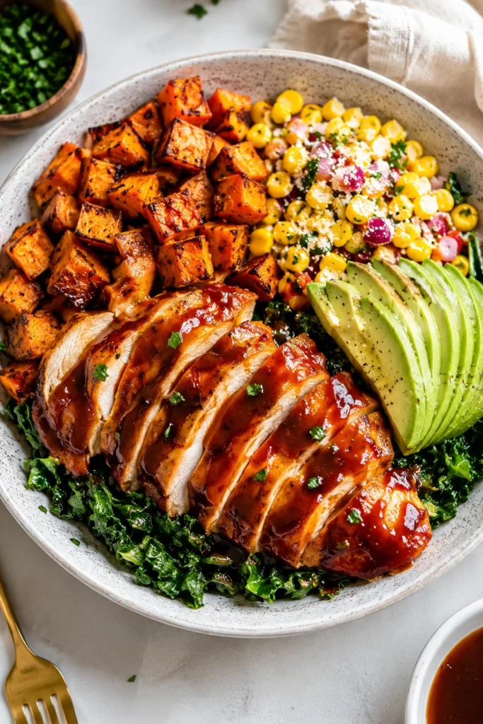 Honey Mustard Chicken & Sweet Potato Bowl with glazed chicken, roasted sweet potatoes, creamy avocado, corn salad, and fresh kale in a healthy dinner bowl.